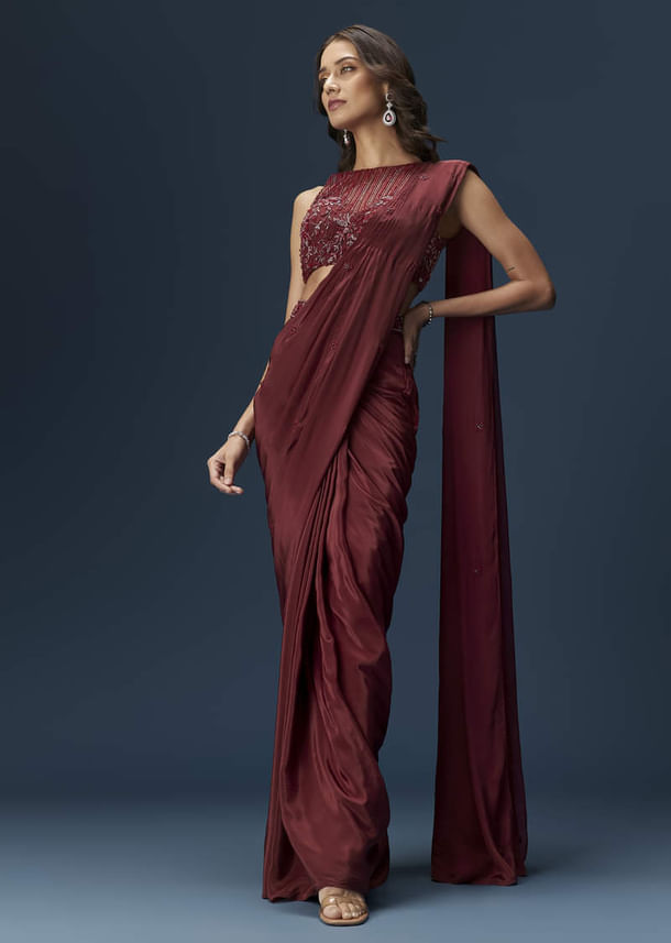 Maroon Ready Pleated Saree With High Neck Blouse Maroon Ready Pleated Saree With High Neck Blouse