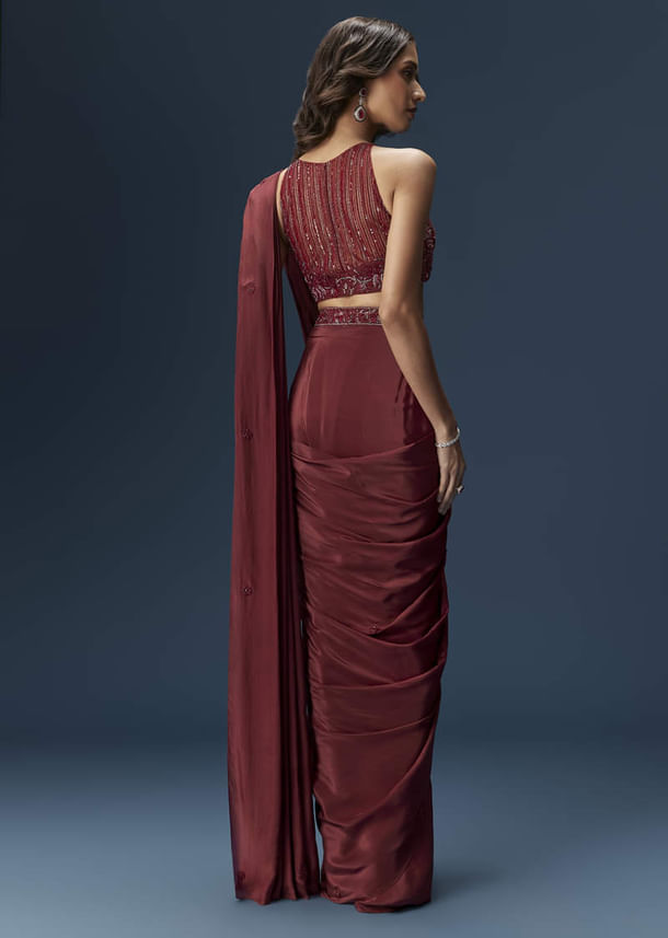 Maroon Ready Pleated Saree With High Neck Blouse Maroon Ready Pleated Saree With High Neck Blouse