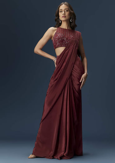 Maroon Ready Pleated Saree With High Neck Blouse