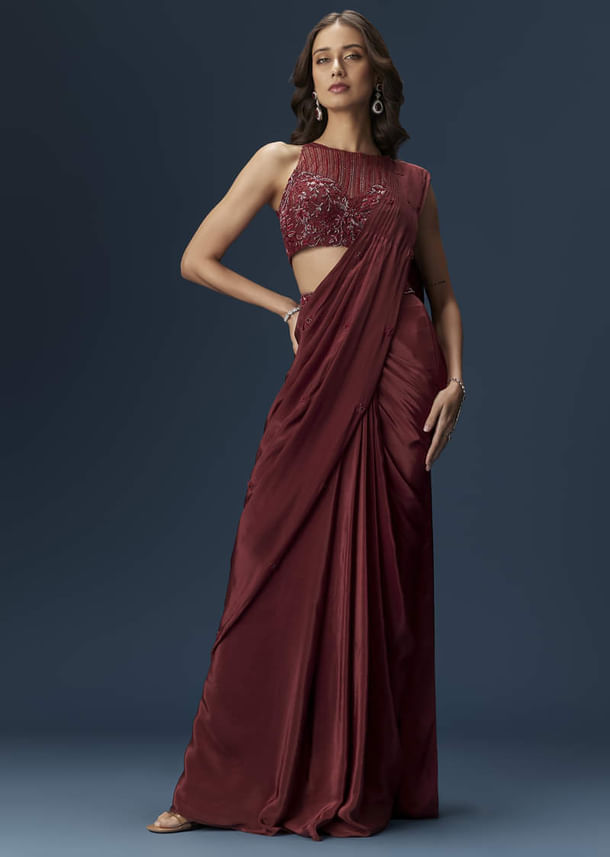 Maroon Ready Pleated Saree With High Neck Blouse Maroon Ready Pleated Saree With High Neck Blouse