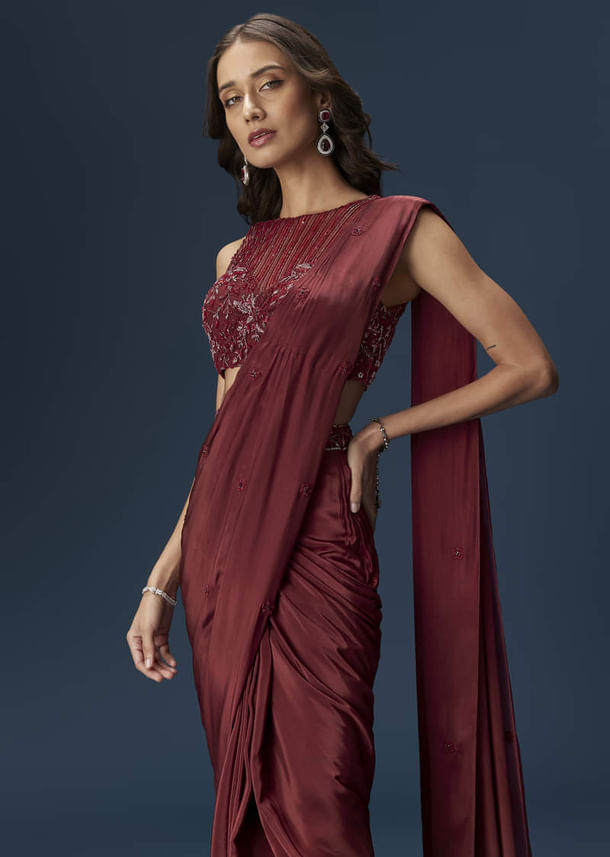 Maroon Ready Pleated Saree With High Neck Blouse Maroon Ready Pleated Saree With High Neck Blouse