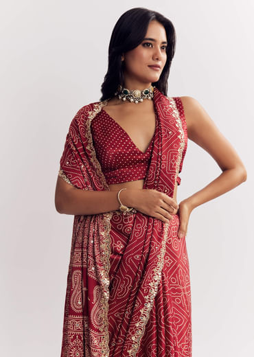Maroon Satin Ajrakh Printed Saree With Gota And Sequins