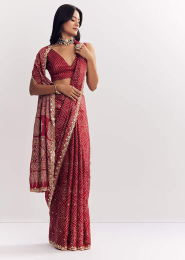 Maroon Satin Ajrakh Printed Saree With Gota And Sequins