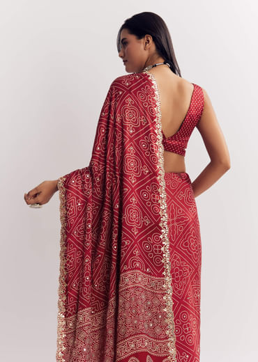 Maroon Satin Ajrakh Printed Saree With Gota And Sequins