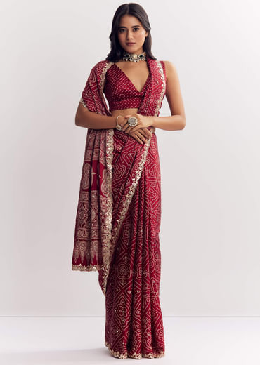 Maroon Satin Ajrakh Printed Saree With Gota And Sequins