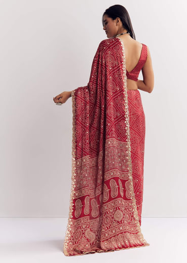 Maroon Satin Ajrakh Printed Saree With Gota And Sequins