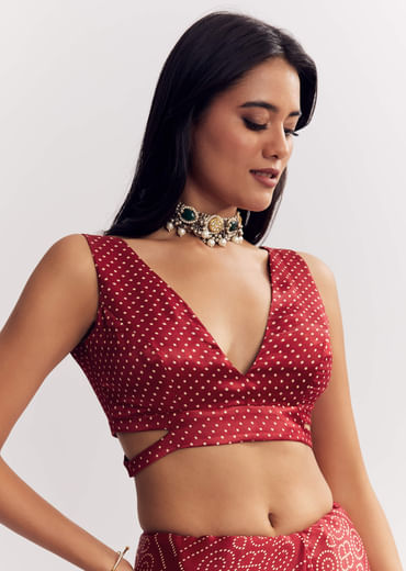 Maroon Satin Ajrakh Printed Saree With Gota And Sequins