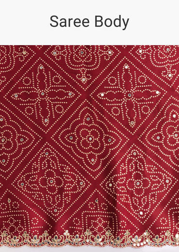 Maroon Satin Ajrakh Printed Saree With Gota And Sequins