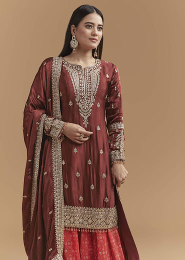 Maroon Satin Palazzo Suit With Heavy Zari Work