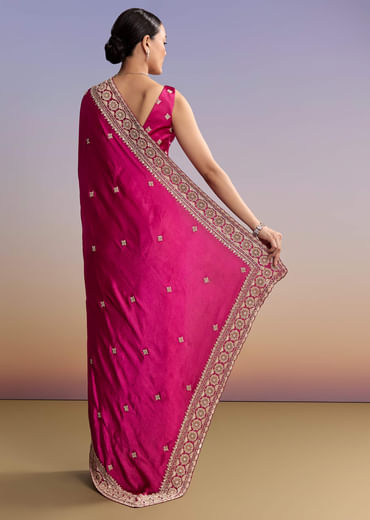 Maroon Satin Saree With Floral Embroidered Border