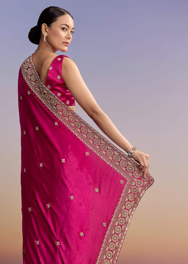 Maroon Satin Saree With Floral Embroidered Border