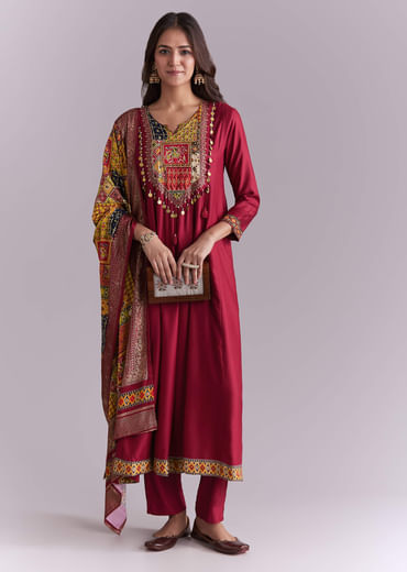 Maroon Silk Anarkali Suit With Embroidery And Printed Patch Work