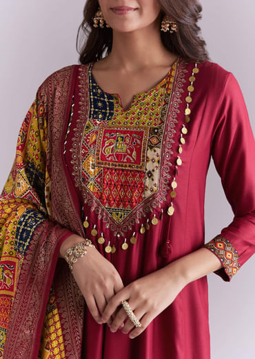 Maroon Silk Anarkali Suit With Embroidery And Printed Patch Work