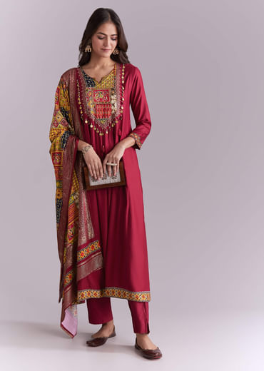 Maroon Silk Anarkali Suit With Embroidery And Printed Patch Work