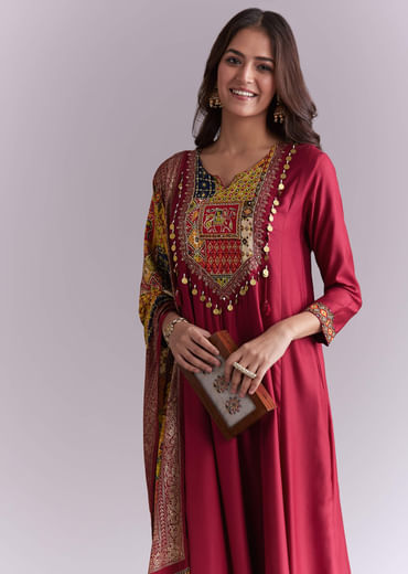 Maroon Silk Anarkali Suit With Embroidery And Printed Patch Work