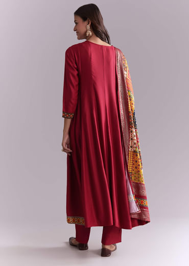 Maroon Silk Anarkali Suit With Embroidery And Printed Patch Work