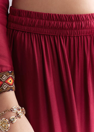 Maroon Silk Anarkali Suit With Embroidery And Printed Patch Work