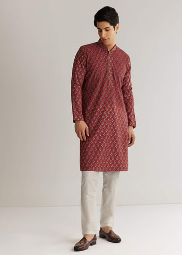 Maroon Silk Cutdana Floral Kurta Set
