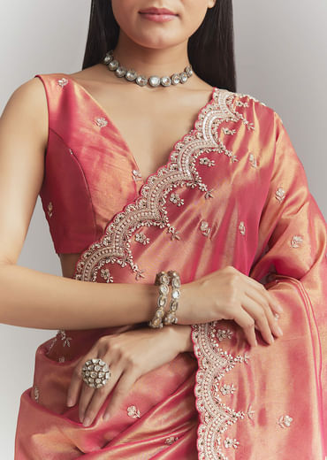 Maroon Silk Embroidered Saree With Heavy Hand Embroidery