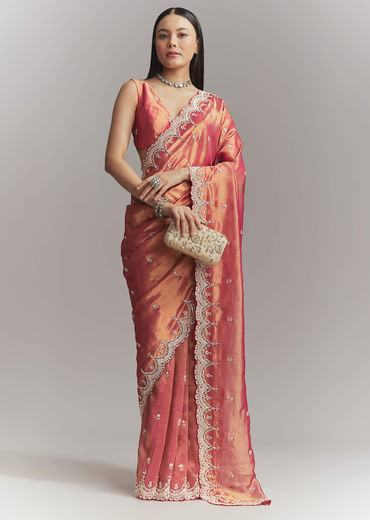 Maroon Silk Embroidered Saree With Heavy Hand Embroidery