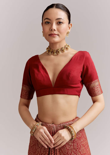 Maroon Silk Woven Brocade Saree With Zari And Floral Border