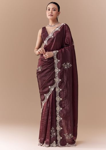 Maroon Tissue Embellished Saree with Blouse Fabric