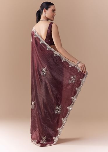 Maroon Tissue Embellished Saree with Blouse Fabric