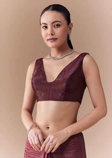 Maroon Tissue Embellished Saree with Blouse Fabric