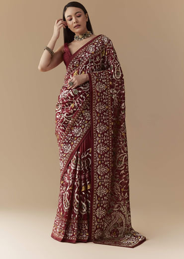 Maroon Tissue Organza Resham Work Saree with Unstitched Blouse