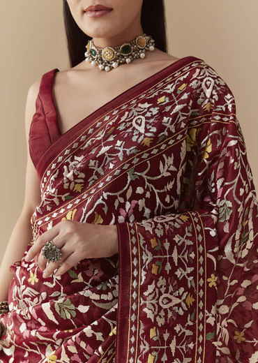 Maroon Tissue Organza Resham Work Saree with Unstitched Blouse