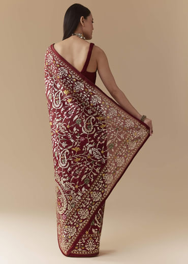 Maroon Tissue Organza Resham Work Saree with Unstitched Blouse