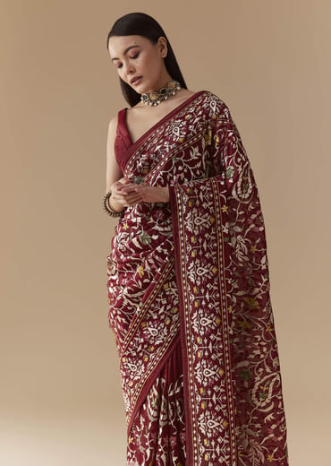 Maroon Tissue Organza Resham Work Saree with Unstitched Blouse