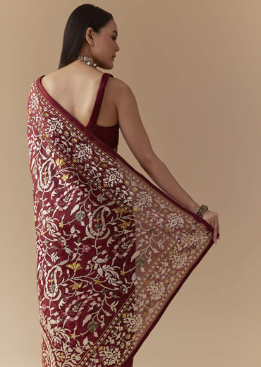 Maroon Tissue Organza Resham Work Saree with Unstitched Blouse
