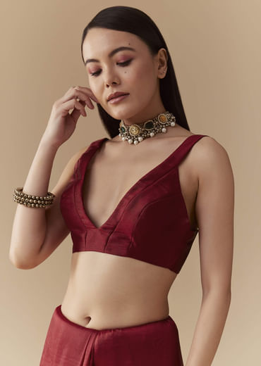 Maroon Tissue Organza Resham Work Saree with Unstitched Blouse