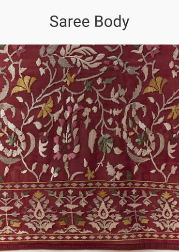Maroon Tissue Organza Resham Work Saree with Unstitched Blouse