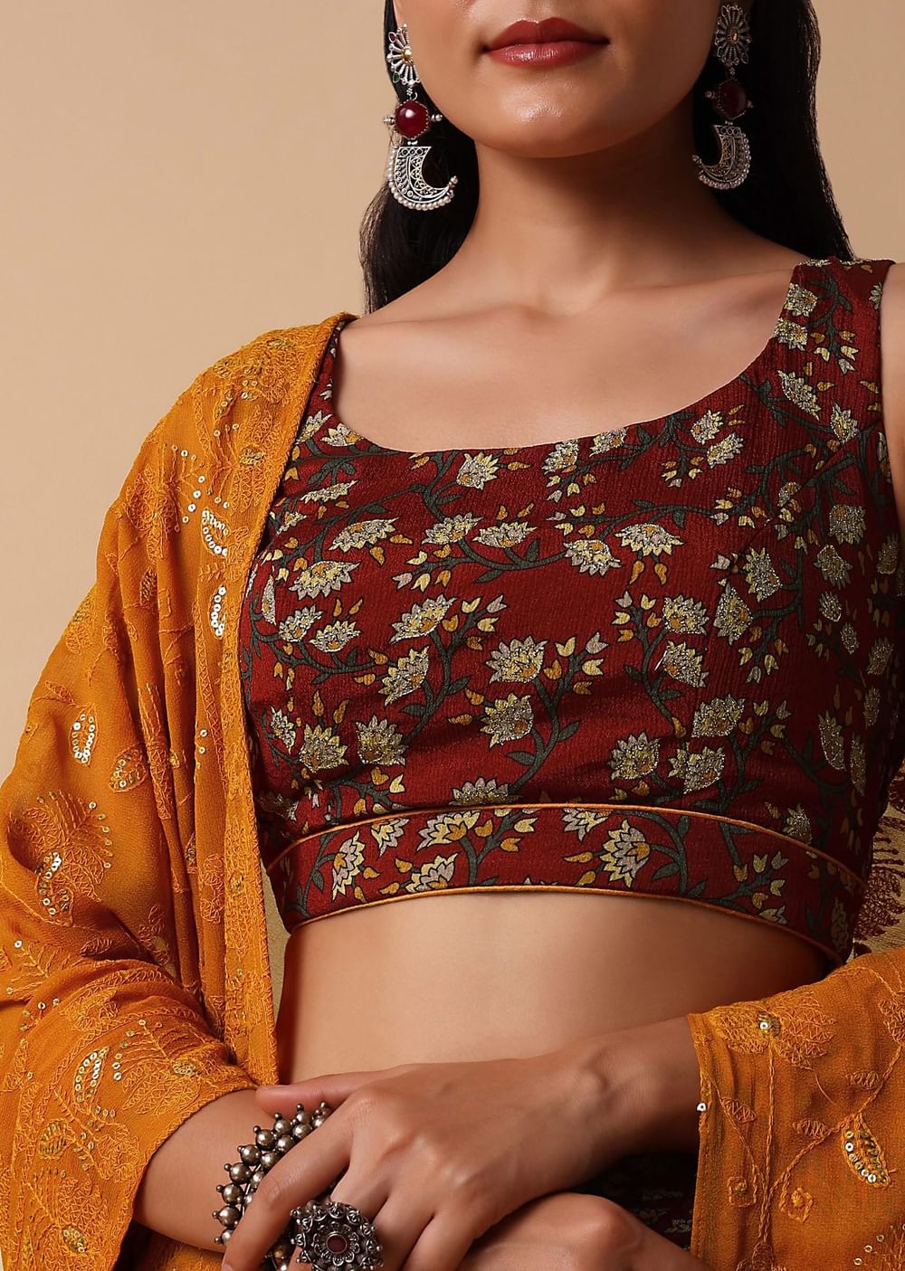 Maroon And Red Printed Lehenga With Embroidered Choli And Dupatta