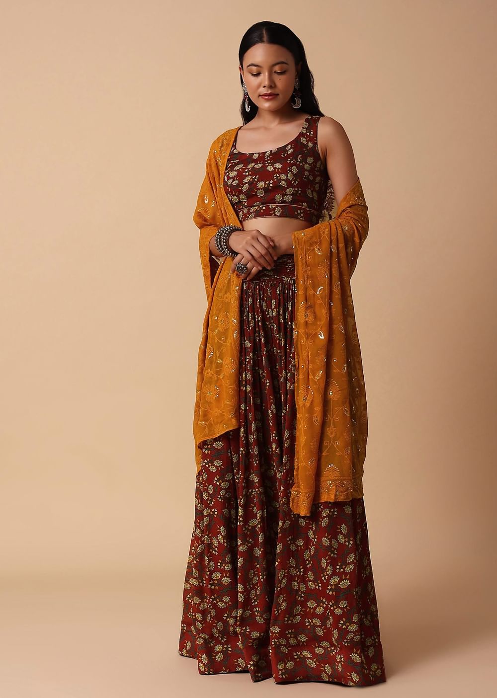 Maroon And Red Printed Lehenga With Embroidered Choli And Dupatta