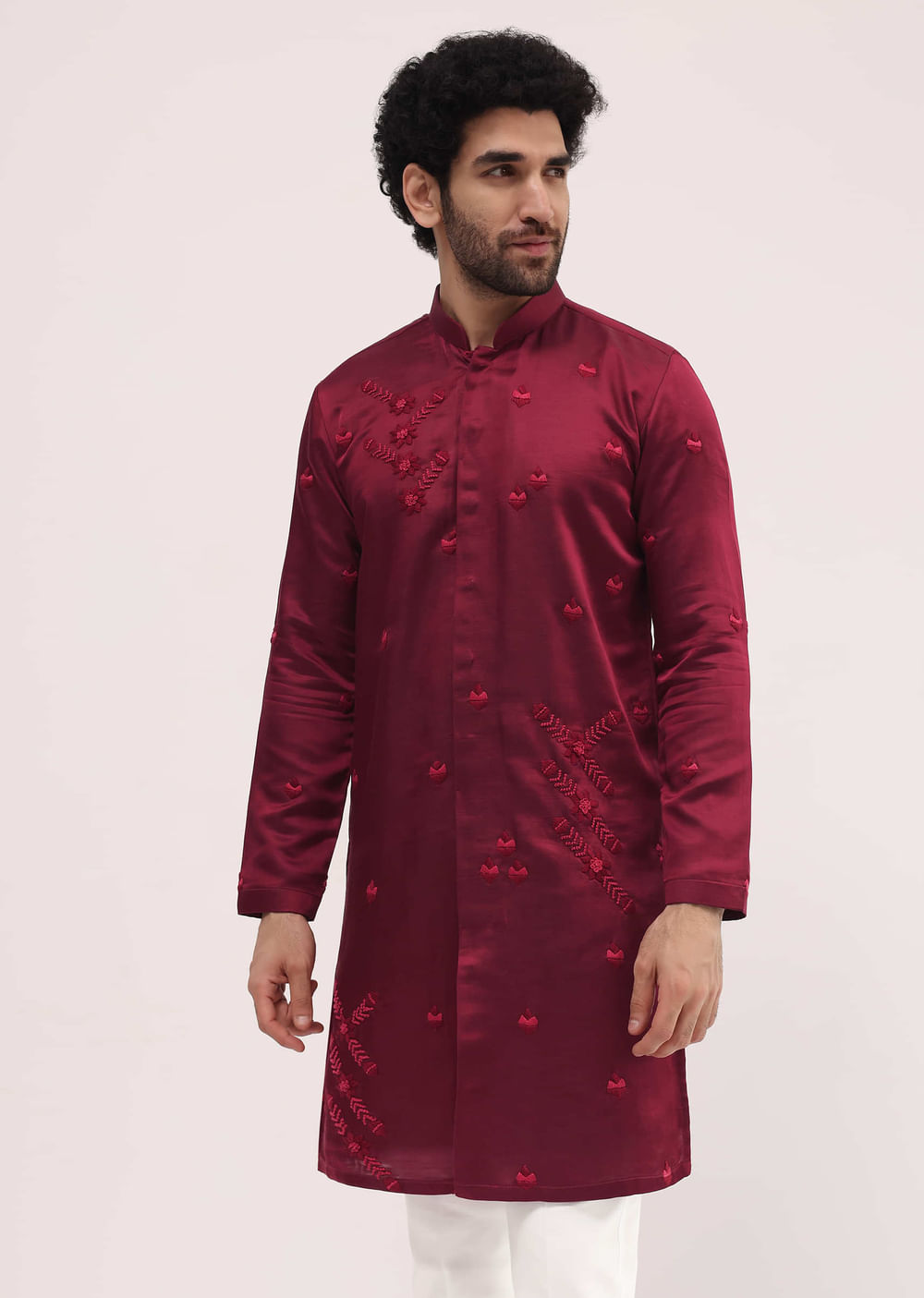 Maroon Bud Embroidered Silk Kurta Set For Men