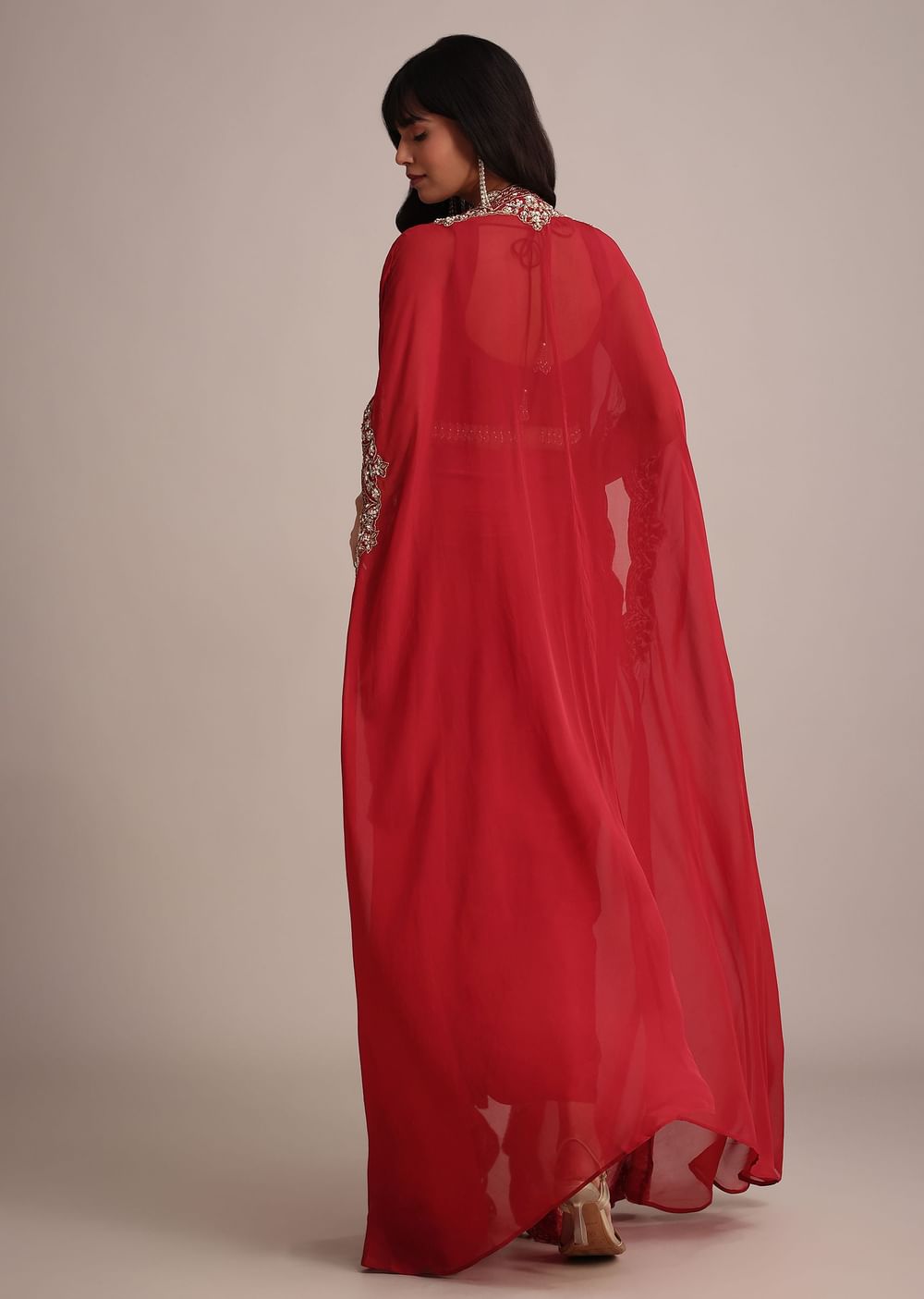 Maroon Embroidered Croptop And Pleated Skirt With Organza Jacket