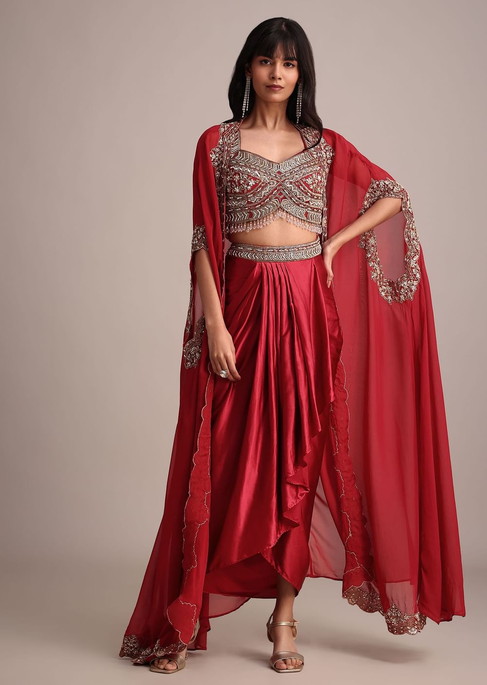 Maroon Embroidered Croptop And Pleated Skirt With Organza Jacket