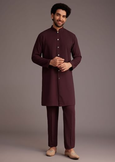 Maroon Embroidered Sherwani With Mandarin Collar