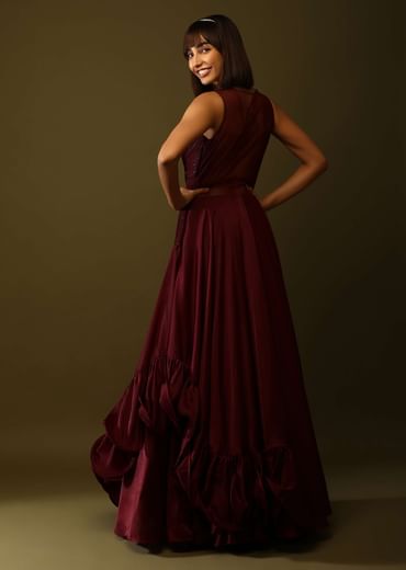 Maroon Gown With Ruched Bodice And Fancy Ruffled Hem