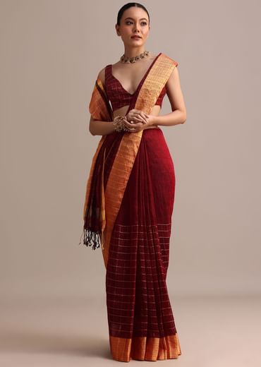 Maroon Linen Woven Saree With Zari Border And Unstitched Blouse