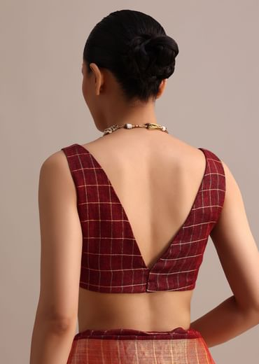 Maroon Linen Woven Saree With Zari Border And Unstitched Blouse