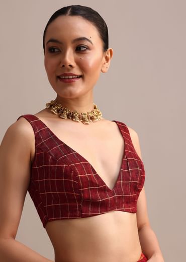 Maroon Linen Woven Saree With Zari Border And Unstitched Blouse