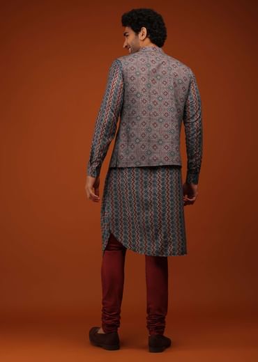 Maroon Nehru Jacket And Kurta Set In Ajrak And Chevron Print, Matching Print Kurta In Full Sleeves