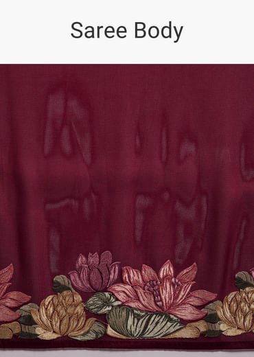 Maroon Organza Silk Saree With Floral Embroidery And Cutwork