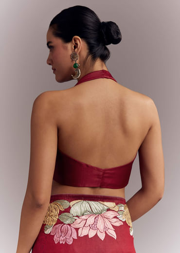Maroon Organza Silk Saree With Floral Embroidery And Cutwork