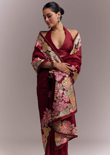 Maroon Organza Silk Saree With Floral Embroidery And Cutwork