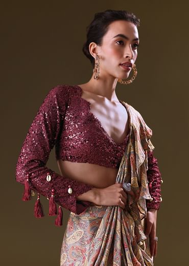 Maroon Printed Pre Stitched Frill Saree With Sequence Blouse